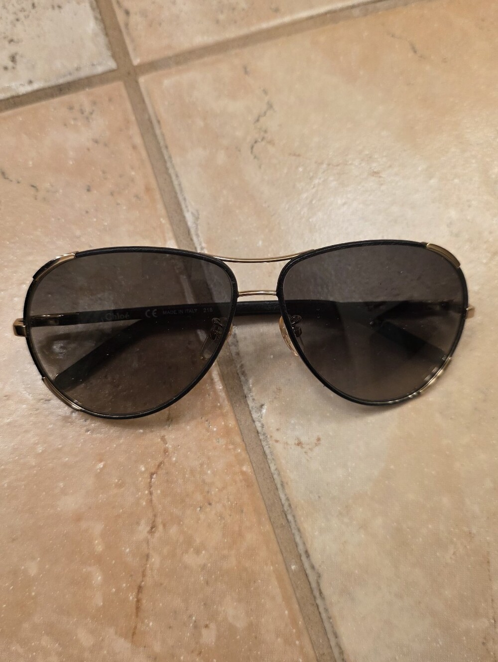 Chloe Sunglasses Black & Gold Leather Aviators